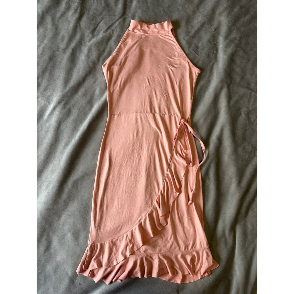 RT Peach Pink Halter Mock Neck Ruffle Faux Wrap Mini Dress XS
